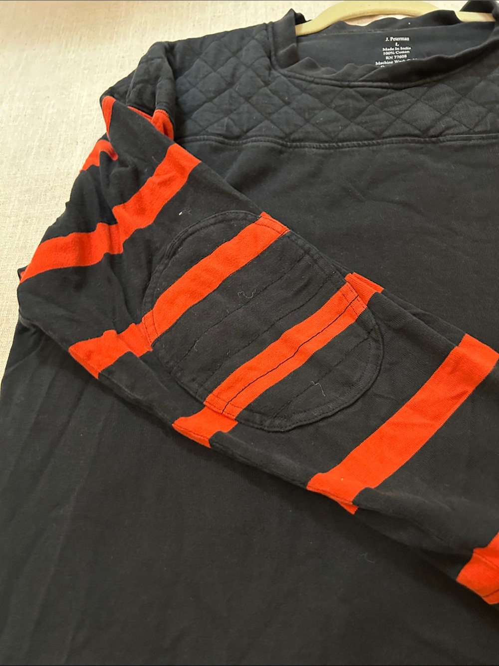 Vintage J. Peterman Men's Rugby Style Shirt Black/Orange Quilted Yoke Football - Picture 7 of 8